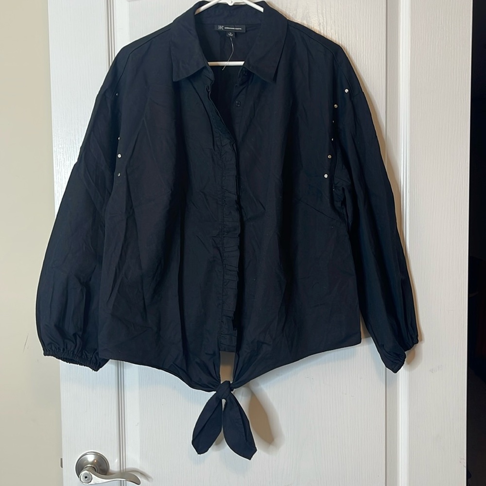 INC International Concepts Tie Front Studded Blouse Black 1X